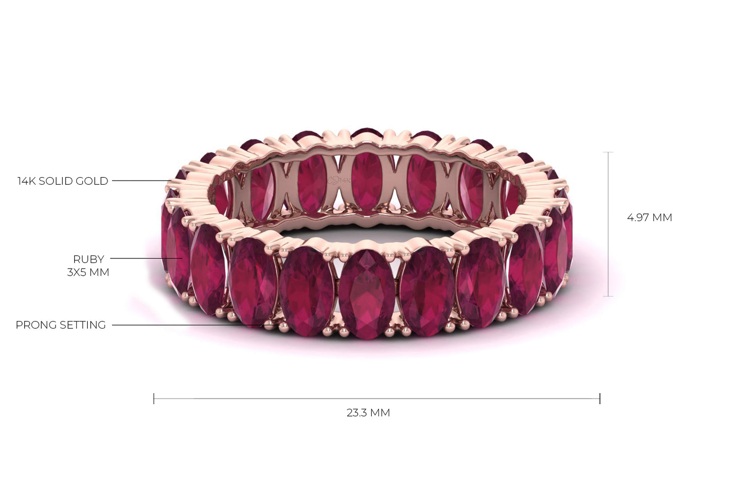 Eternity Engagement Band In 14k Pure Gold Burma Ruby 5x3mm Gemstone Proposal Ring