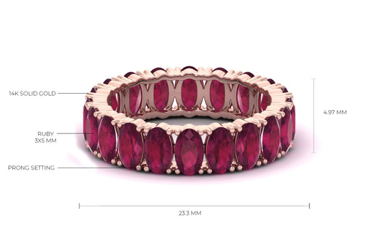 Eternity Engagement Band In 14k Pure Gold Burma Ruby 5x3mm Gemstone Proposal Ring