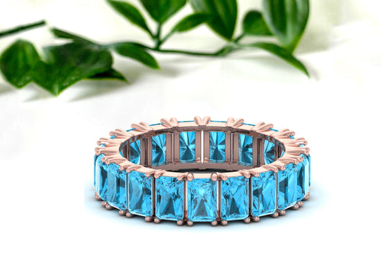 Solid 14k Gold Stackable Band With 7.20 Ct Swiss Blue Topaz Eternity Wedding Ring