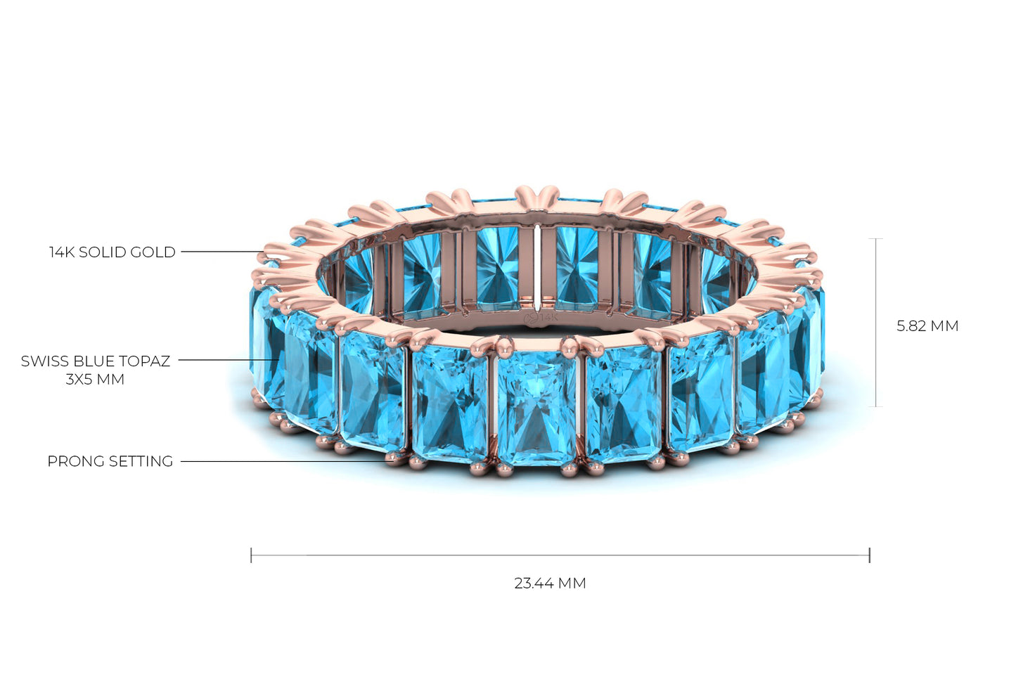 Solid 14k Gold Stackable Band With 7.20 Ct Swiss Blue Topaz Eternity Wedding Ring