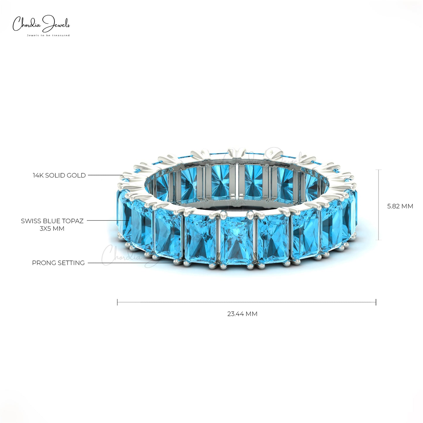 Natural 5x3mm Swiss Blue Topaz Eternity Band 14k Solid White Gold December Birthstone Ring