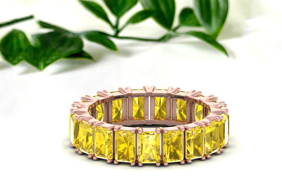 Gemstone Eternity Band With 7.60 Ct Yellow Sapphire Prong Set In 14k Real Gold Rings