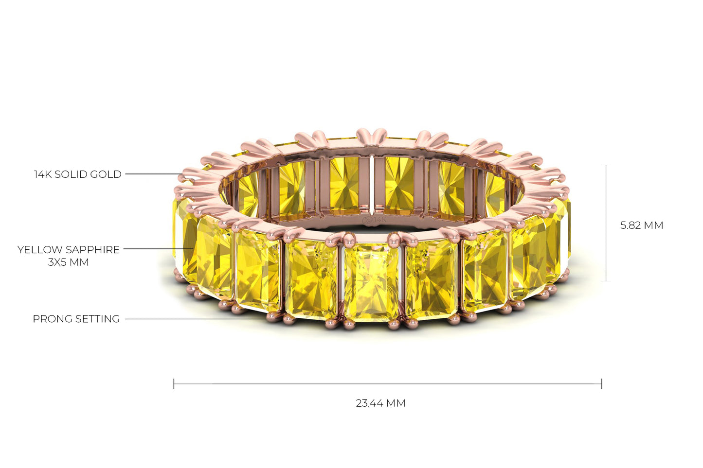 Gemstone Eternity Band With 7.60 Ct Yellow Sapphire Prong Set In 14k Real Gold Rings