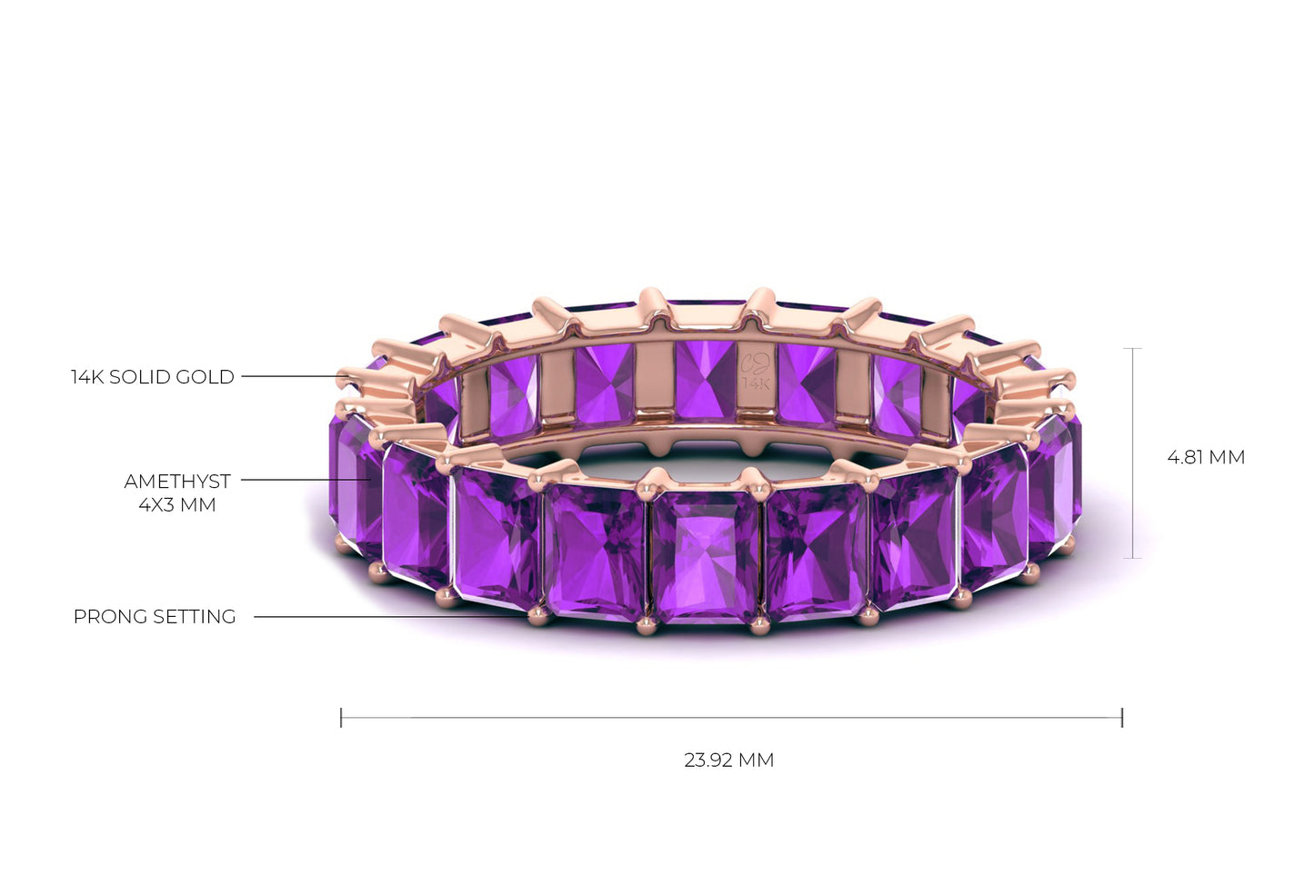 Genuine Amethyst Eternity Ring in 14k Solid Gold 4x3mm Octagon Cut Gemstone Jewelry For Women