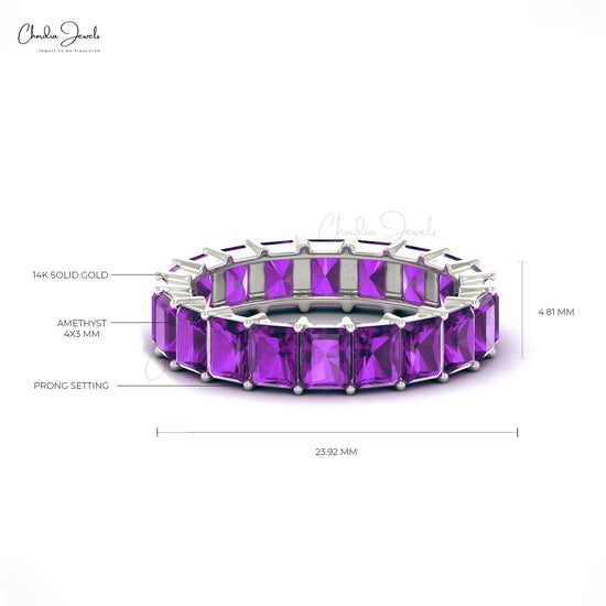 14k White Gold Amethyst Eternity Band 4x3mm Emerald Cut Gemstone Ring (Size US-8.75)