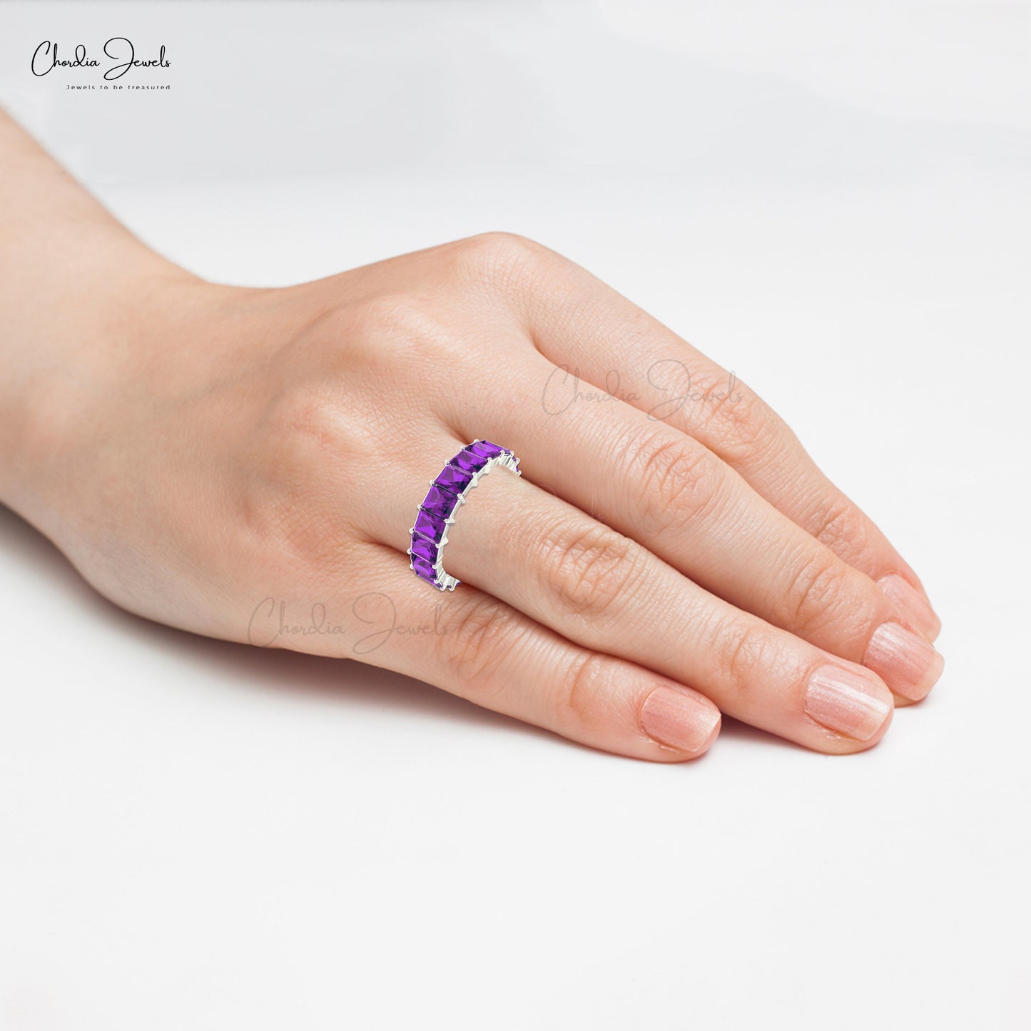 Amazon.com: Amethyst Emerald Diamond Band Feb/May Birthstone Half Eternity  Ring 14K White Gold : Handmade Products