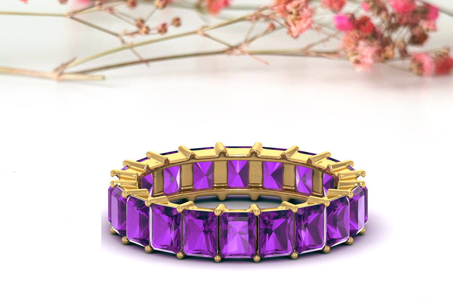 Genuine Amethyst Eternity Ring in 14k Solid Gold 4x3mm Octagon Cut Gemstone Jewelry For Women
