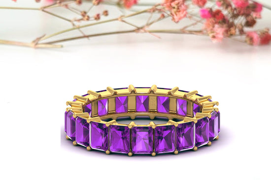 Genuine Amethyst Eternity Ring in 14k Solid Gold 4x3mm Octagon Cut Gemstone Jewelry For Women