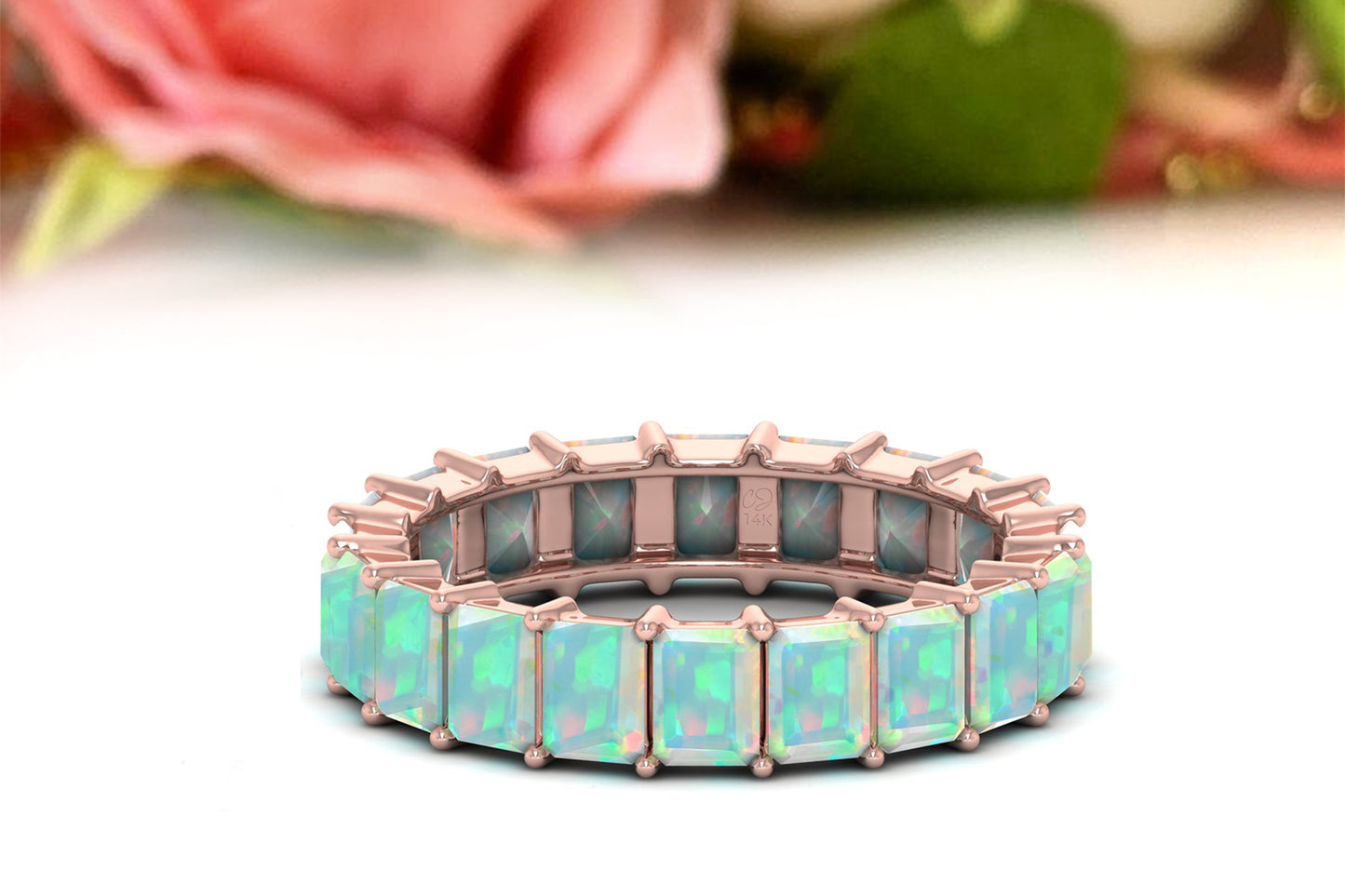 Pure 14k Gold Eternity Ring With 4x3mm Fire Opal Stackable Engagement Band Rings