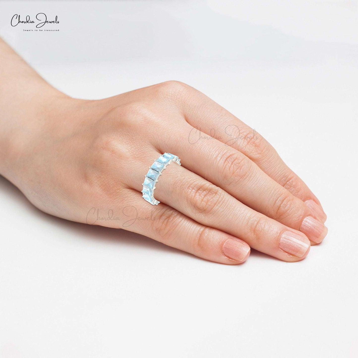 14K Solid Gold Natural Gemstone Eternity Band, 4x3 mm Emerald Cut Rainbow Moonstone Band For Women