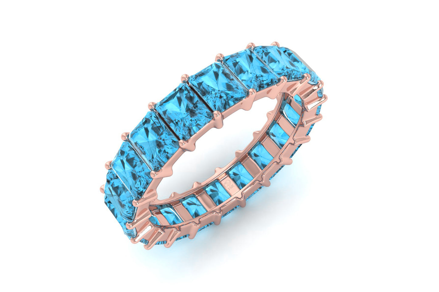 Octagon Cut Eternity Ring With 4x3mm Swiss Blue Topaz Wedding Band In 14k Real Gold