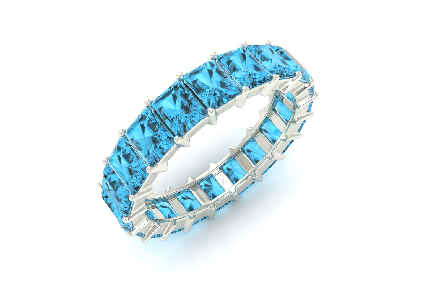 Octagon Cut Eternity Ring With 4x3mm Swiss Blue Topaz Wedding Band In 14k Real Gold