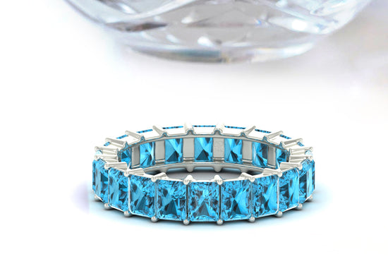 Octagon Cut Eternity Ring With 4x3mm Swiss Blue Topaz Wedding Band In 14k Real Gold