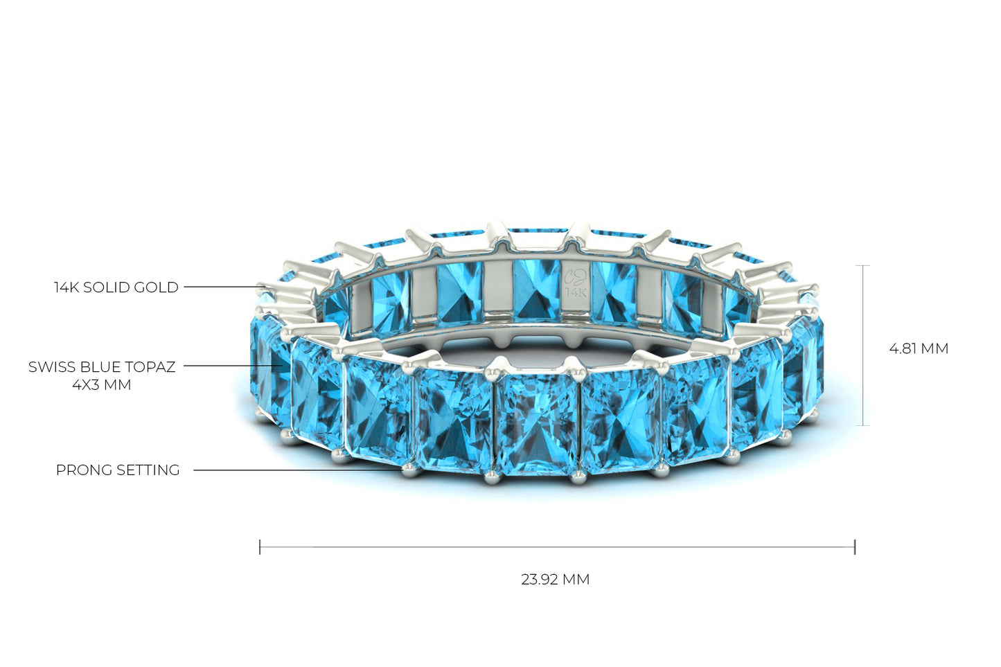 Octagon Cut Eternity Ring With 4x3mm Swiss Blue Topaz Wedding Band In 14k Real Gold