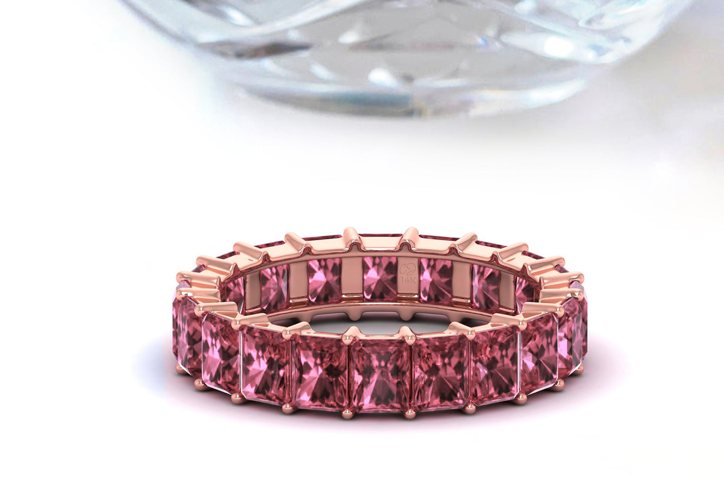Octagon Gemstone Band In Real 14k Gold Pink Tourmaline Eternity Stack Ring For Her