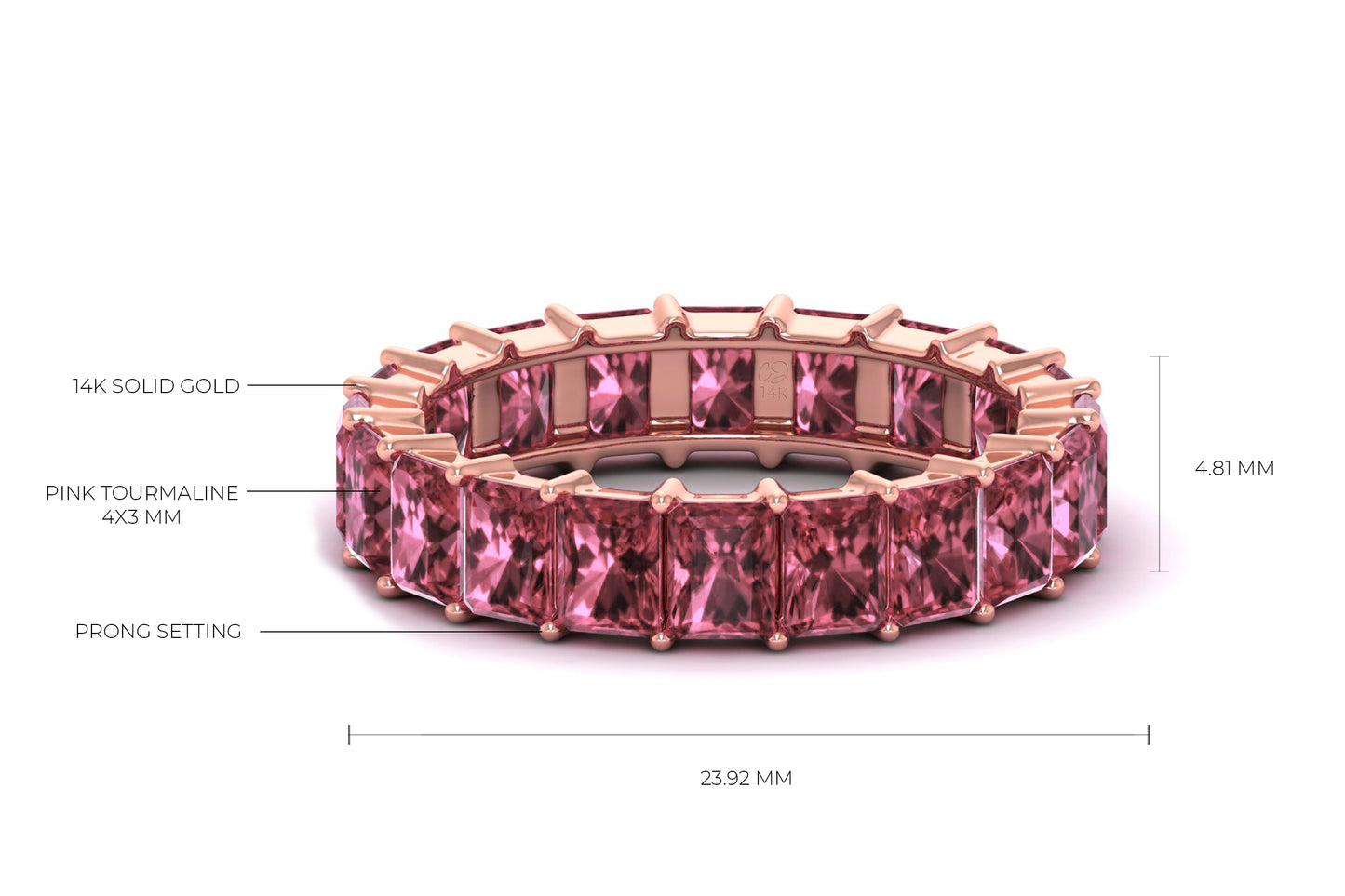 Octagon Gemstone Band In Real 14k Gold Pink Tourmaline Eternity Stack Ring For Her