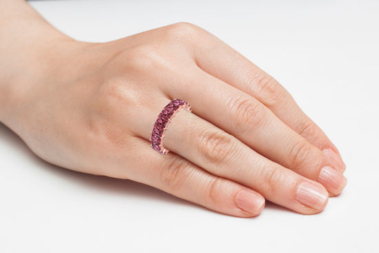 Octagon Gemstone Band In Real 14k Gold Pink Tourmaline Eternity Stack Ring For Her