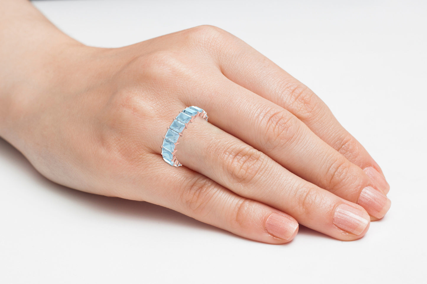 Natural Aquamarine Half Eternity Band in 14k Solid Gold