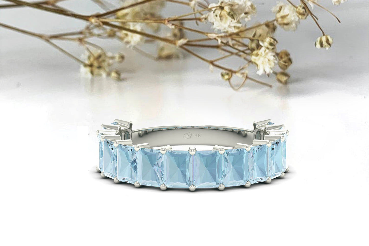 Natural Aquamarine Half Eternity Band in 14k Solid Gold