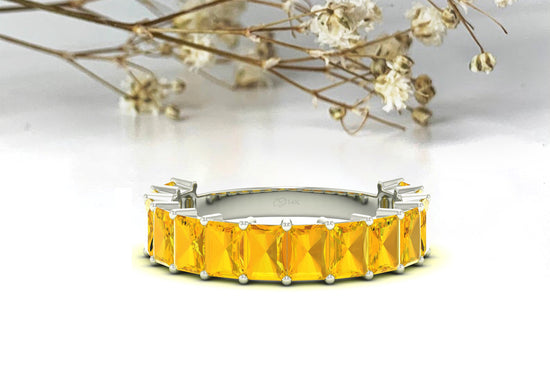 Half Eternity Women Band In 14k Real Gold Yellow Citrine 3.08 Ct Gemstone Ring