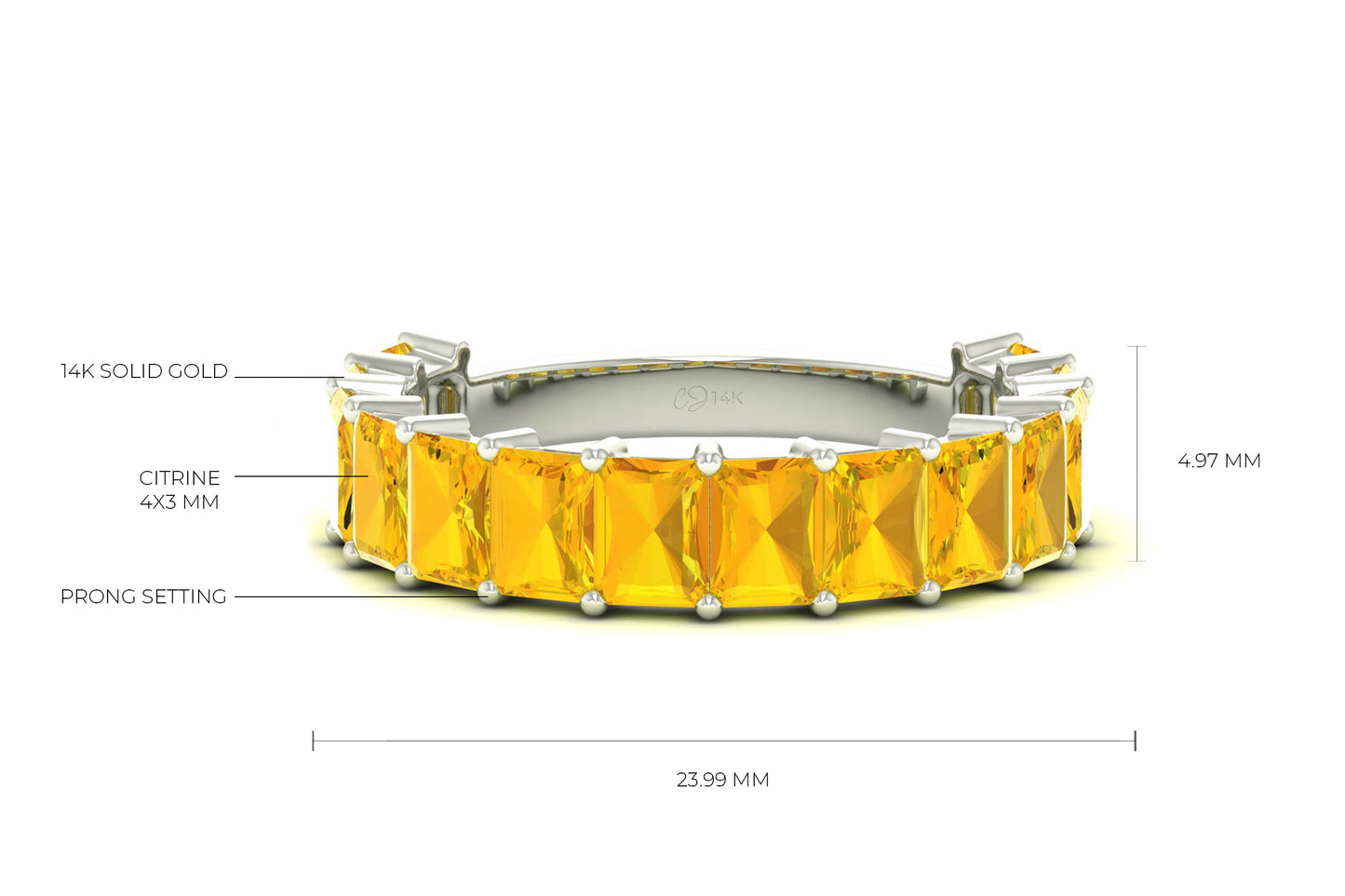 Half Eternity Women Band In 14k Real Gold Yellow Citrine 3.08 Ct Gemstone Ring