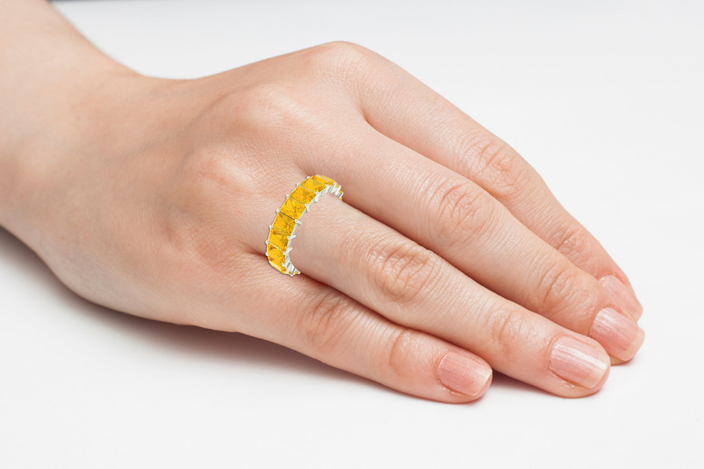 Half Eternity Women Band In 14k Real Gold Yellow Citrine 3.08 Ct Gemstone Ring