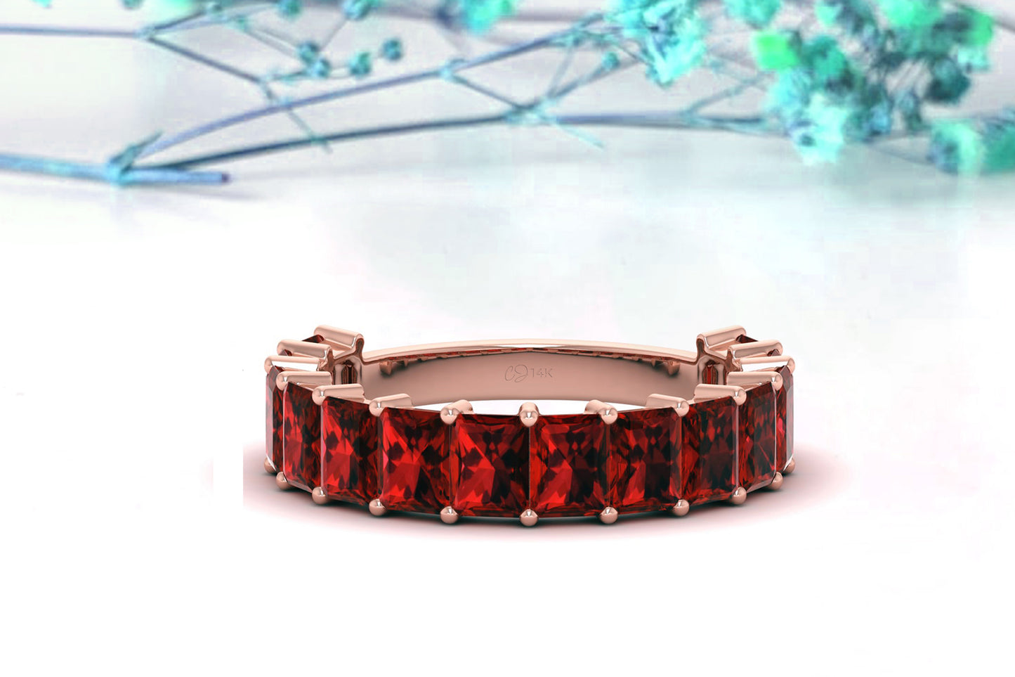 Emerald Cut Natural Garnet Half Eternity Band Ring For Women