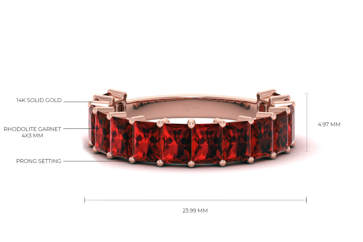 Emerald Cut Natural Garnet Half Eternity Band Ring For Women