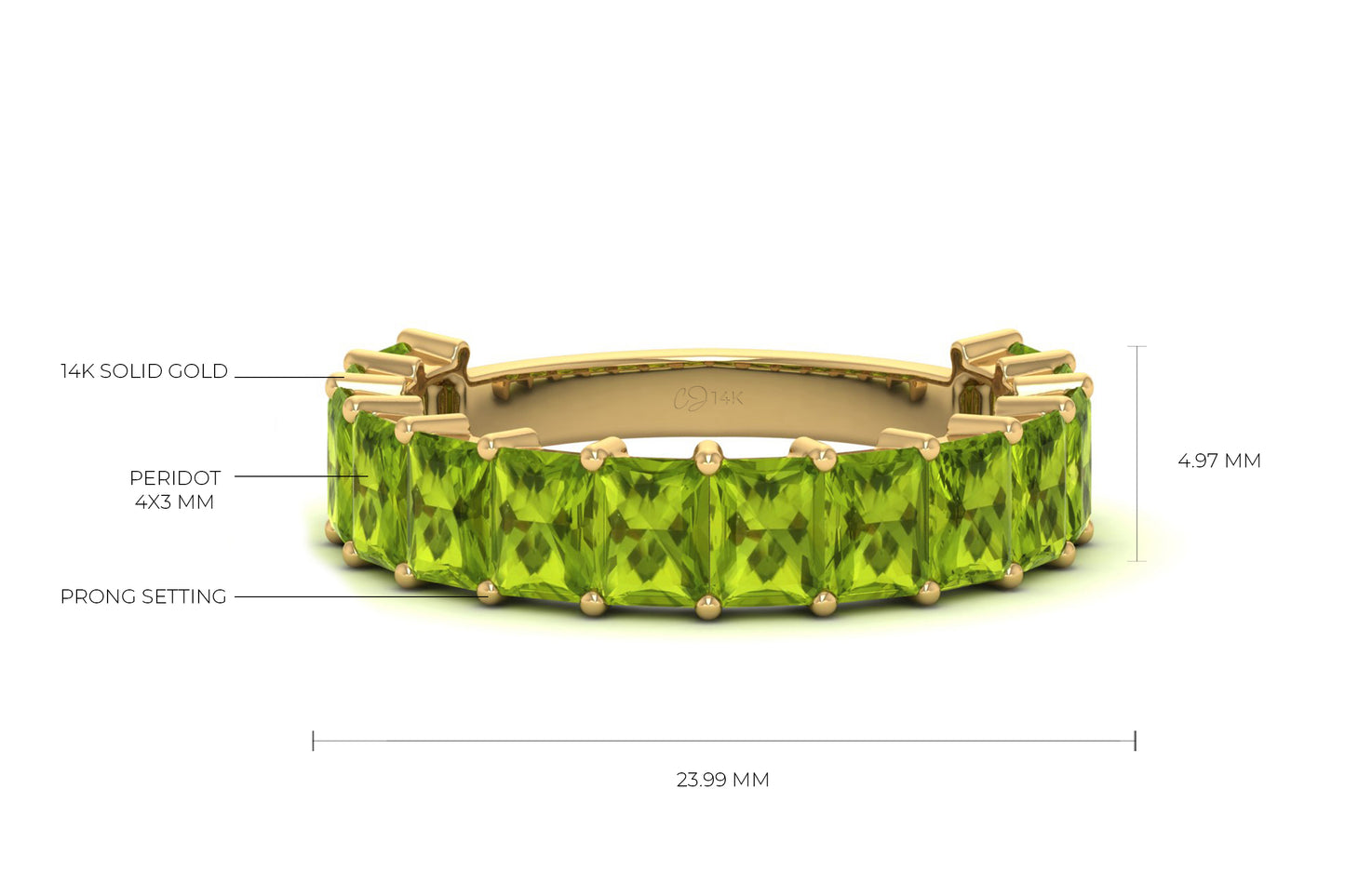 Genuine Peridot Half Eternity Band In 14k Solid Gold