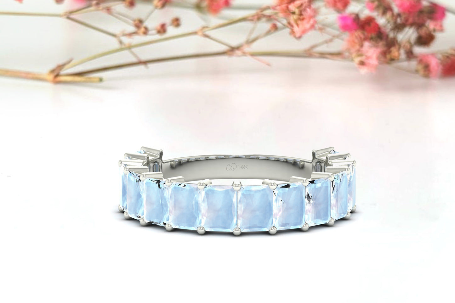 Moonstone Half Eternity Ring With 5x3mm Gemstone Prong Set In 14k Solid Gold Jewelry