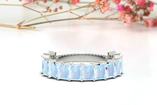 Moonstone Half Eternity Ring With 5x3mm Gemstone Prong Set In 14k Solid Gold Jewelry
