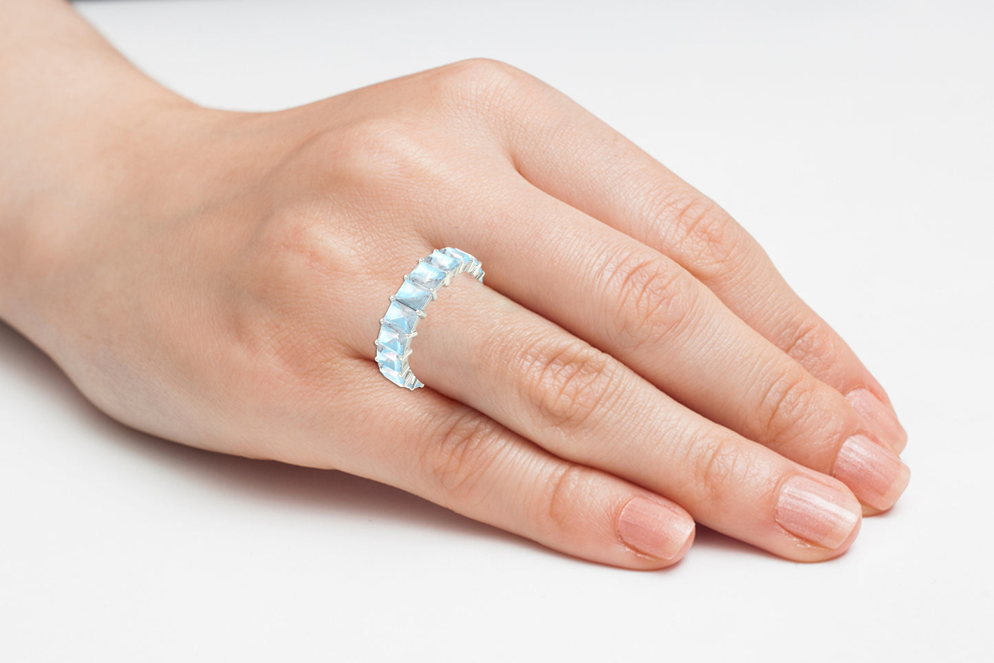 Moonstone Half Eternity Ring With 5x3mm Gemstone Prong Set In 14k Solid Gold Jewelry