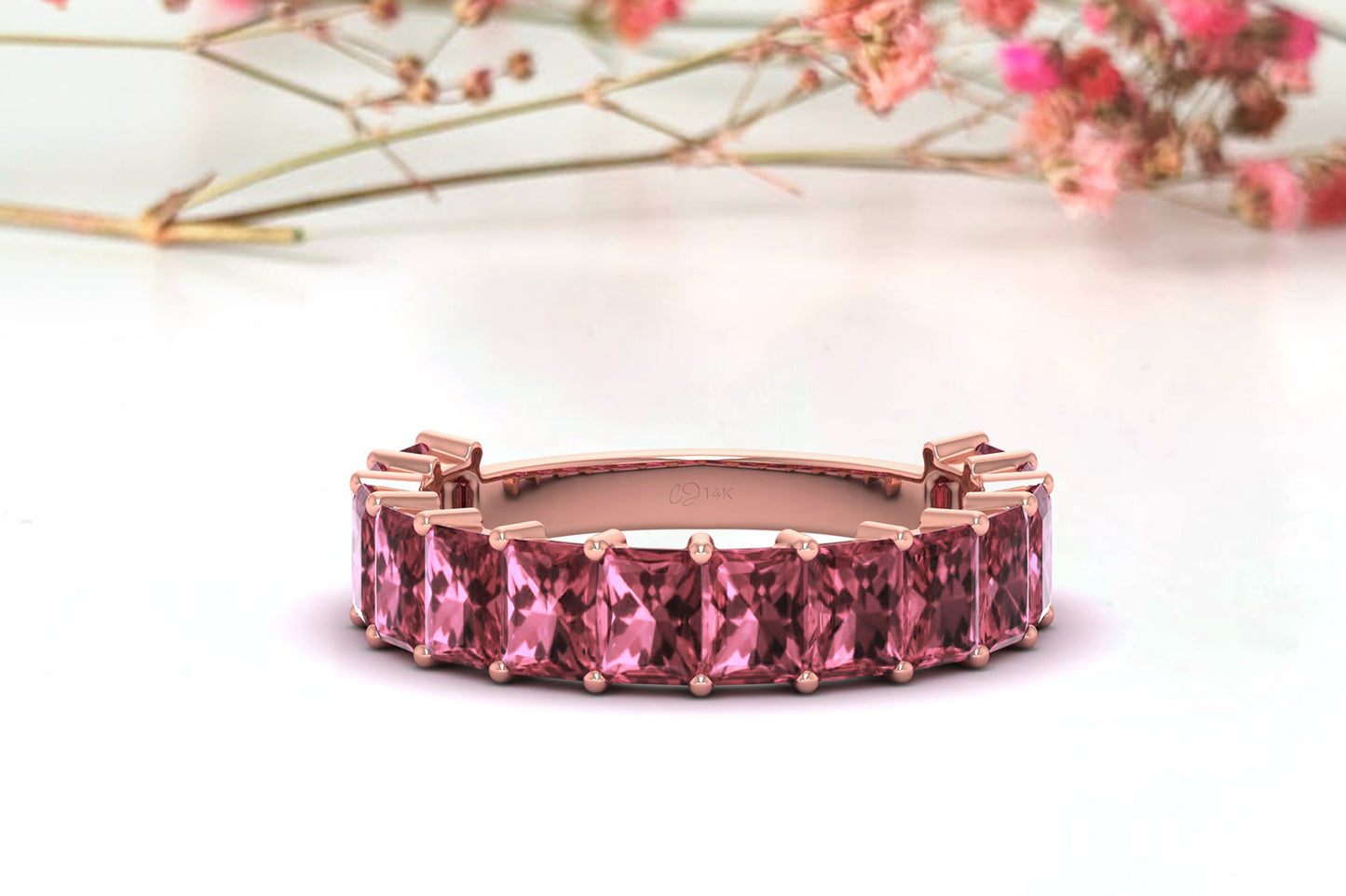 Octagon Stacking Ring With 4x3mm Pink Tourmaline Half Eternity Bands In 14k Real Gold