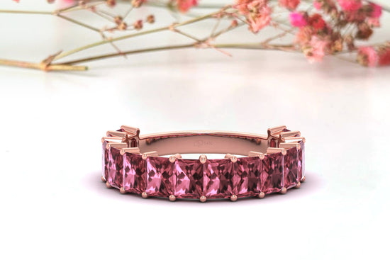 Octagon Stacking Ring With 4x3mm Pink Tourmaline Half Eternity Bands In 14k Real Gold