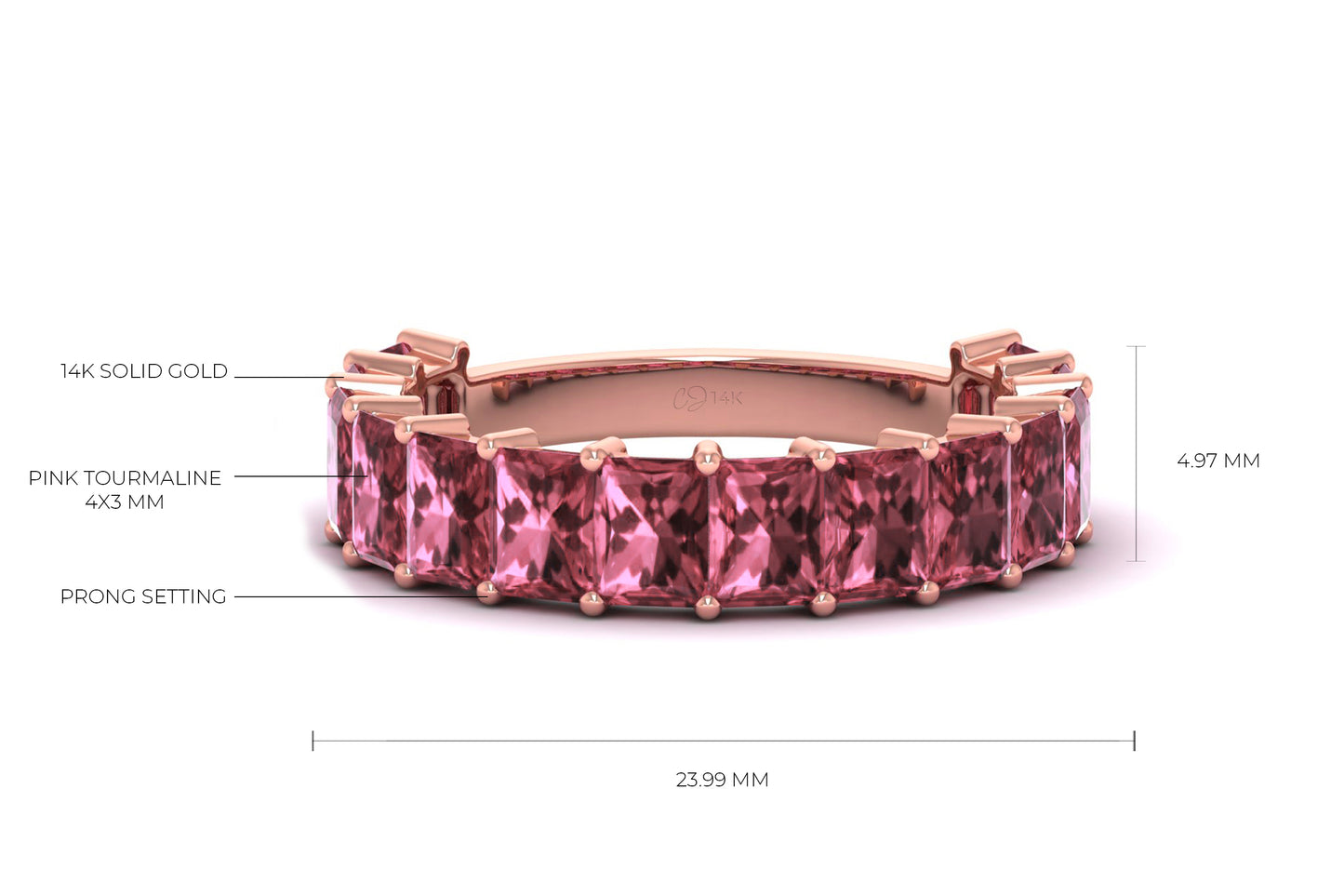 Octagon Stacking Ring With 4x3mm Pink Tourmaline Half Eternity Bands In 14k Real Gold