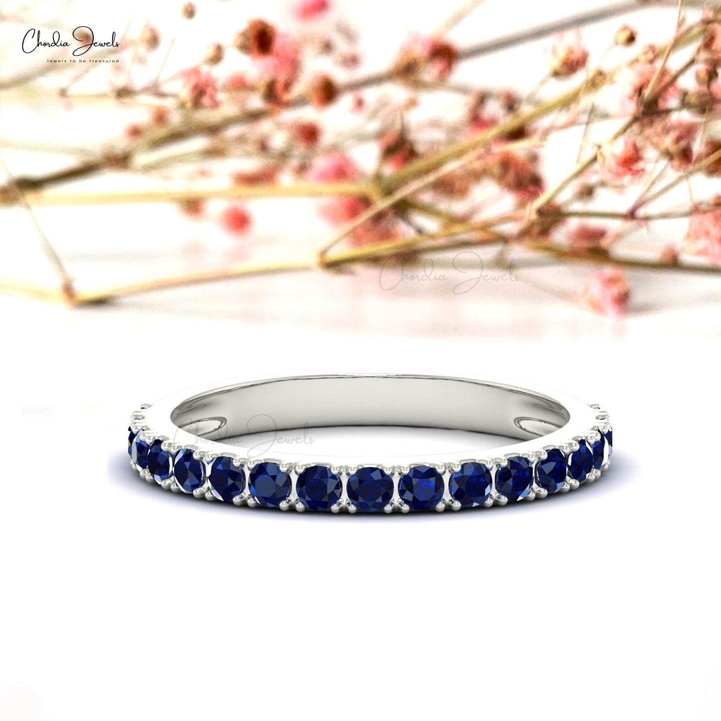 Load image into Gallery viewer, 0.51Cts Natural Blue Sapphire Band Round Half Eternity Band - Chordia Jewels

