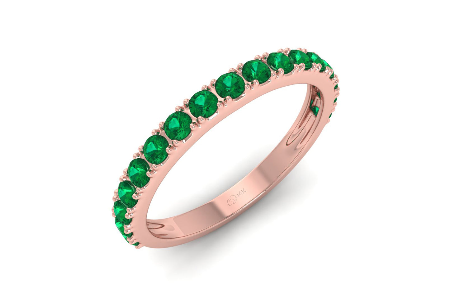 Dainty Half Eternity Band In 14k Pure Gold Zambian Emerald 2mm Round Cut Wedding Ring