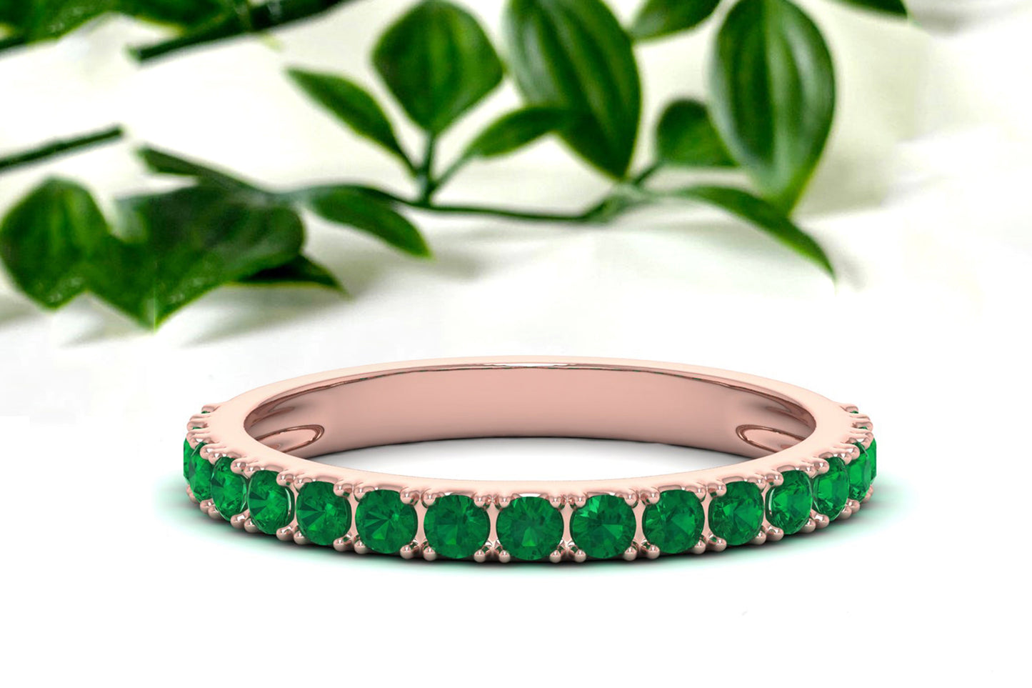 Dainty Half Eternity Band In 14k Pure Gold Zambian Emerald 2mm Round Cut Wedding Ring