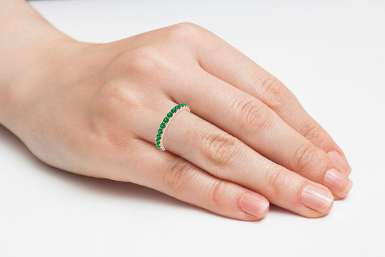Dainty Half Eternity Band In 14k Pure Gold Zambian Emerald 2mm Round Cut Wedding Ring