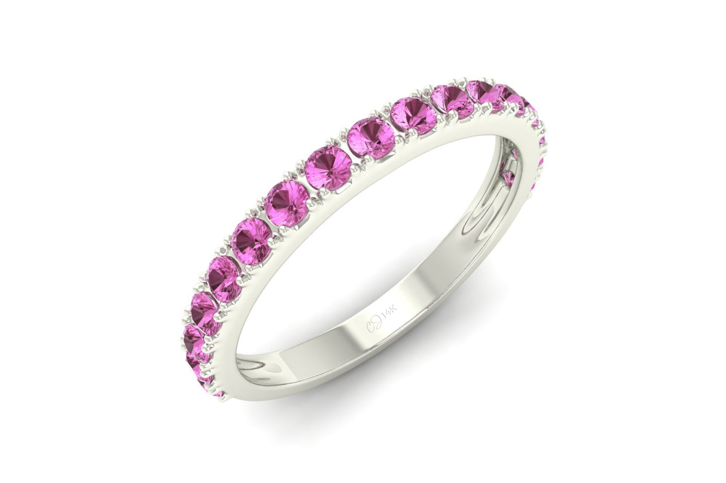 14K Solid Gold Gemstone Band For Women, 0.51Cts Natural Pink Sapphire Band Round Half Eternity Band