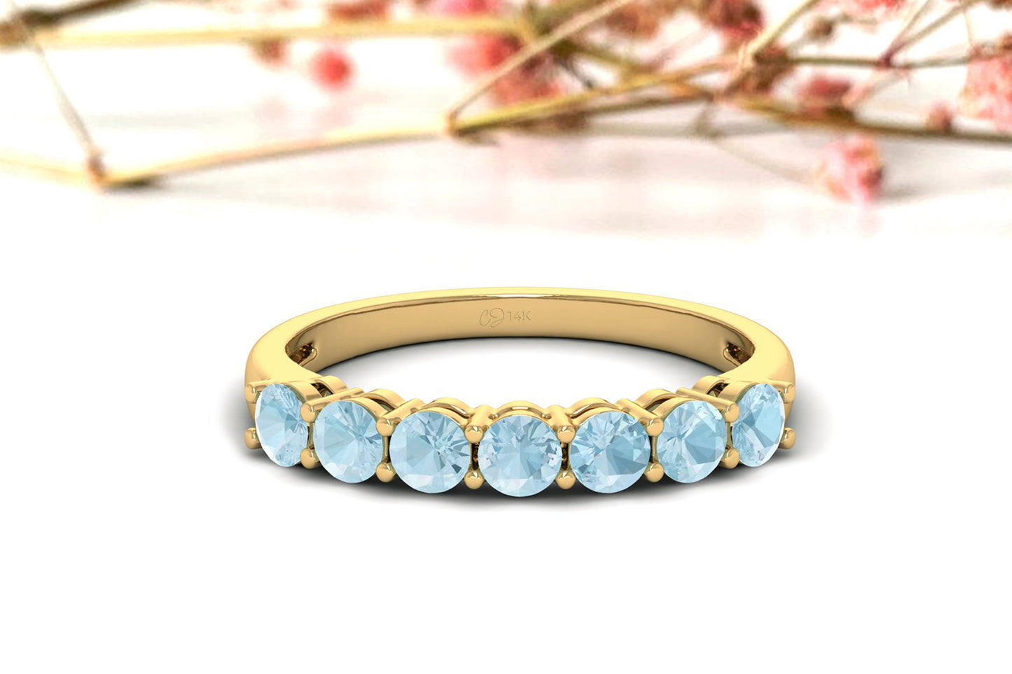 Natural Gemstone Half Eternity Band For Anniversary in 14k Solid Gold
