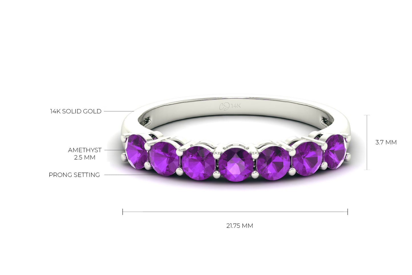 Genuine Amethyst Gemstone 7 Stone Ring Solid 14k Gold 3mm February Birthstone Proposal Ring