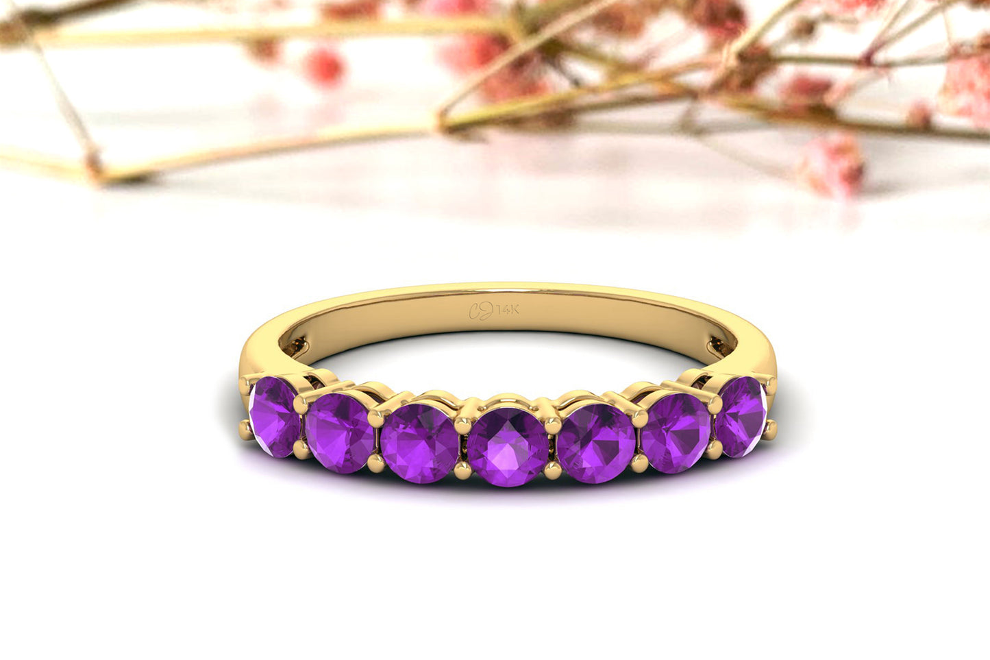 Genuine Amethyst Gemstone 7 Stone Ring Solid 14k Gold 3mm February Birthstone Proposal Ring