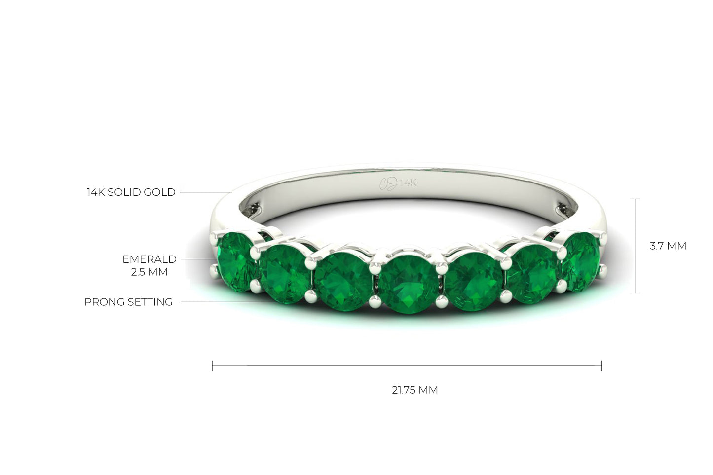 Seven Stone Authentic Emerald Engagement Ring in 14k Real Gold