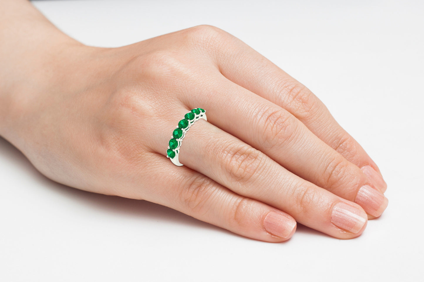 Seven Stone Authentic Emerald Engagement Ring in 14k Real Gold