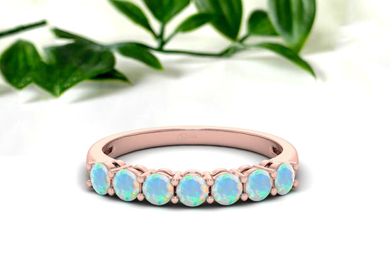 Real 14k Gold 7 Stone Band In 0.56 Ct Fire Opal October Birthstone Wedding Ring