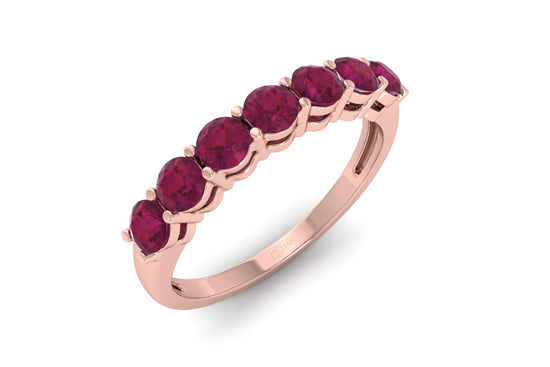 Seven Stone Wedding Band In 14k Solid Gold Burma Ruby 3mm Round Cut Half Eternity Ring
