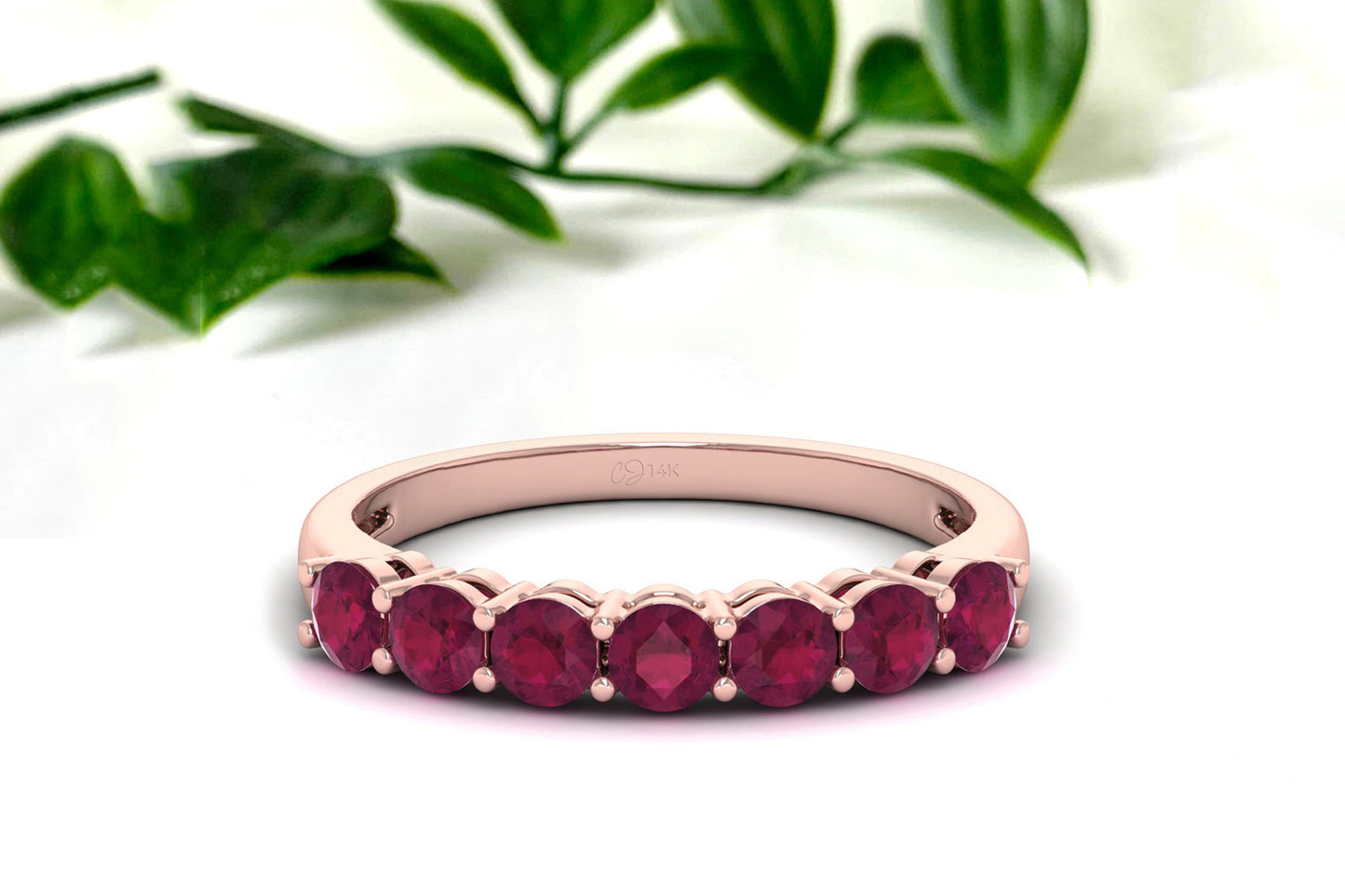 Seven Stone Wedding Band In 14k Solid Gold Burma Ruby 3mm Round Cut Half Eternity Ring
