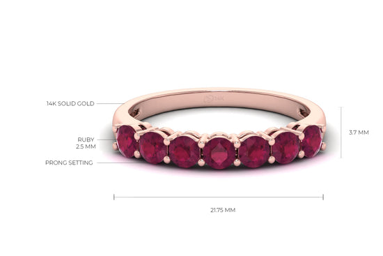 Seven Stone Wedding Band In 14k Solid Gold Burma Ruby 3mm Round Cut Half Eternity Ring