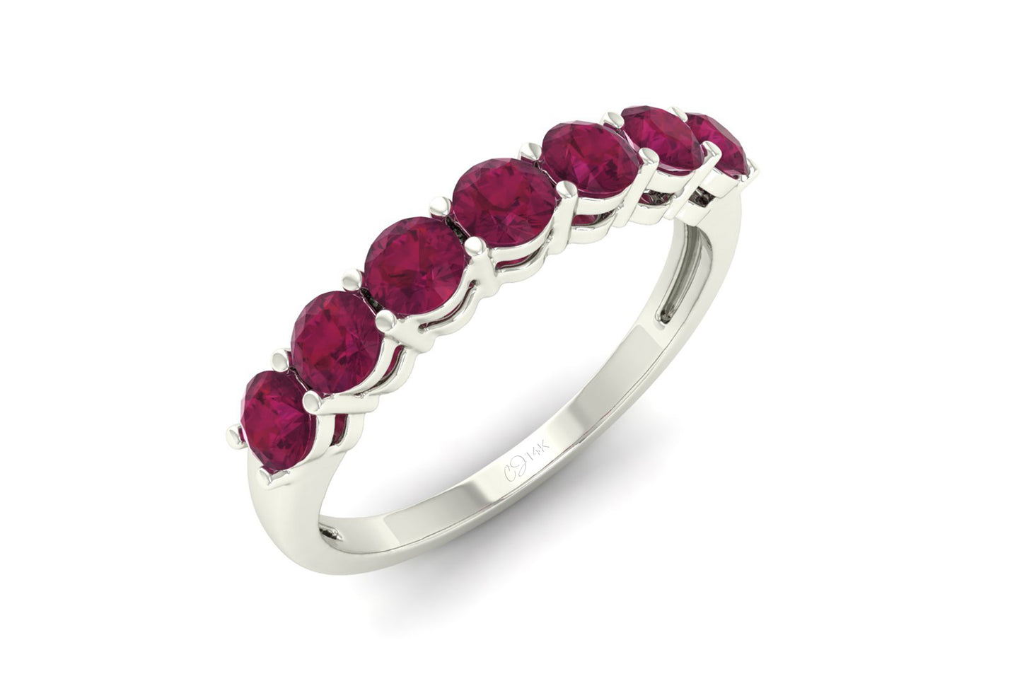 Seven Stone Wedding Band In 14k Solid Gold Burma Ruby 3mm Round Cut Half Eternity Ring